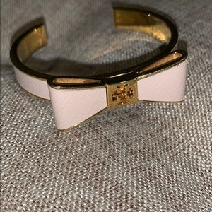 Tory Burch light pink leather gold bow bangle